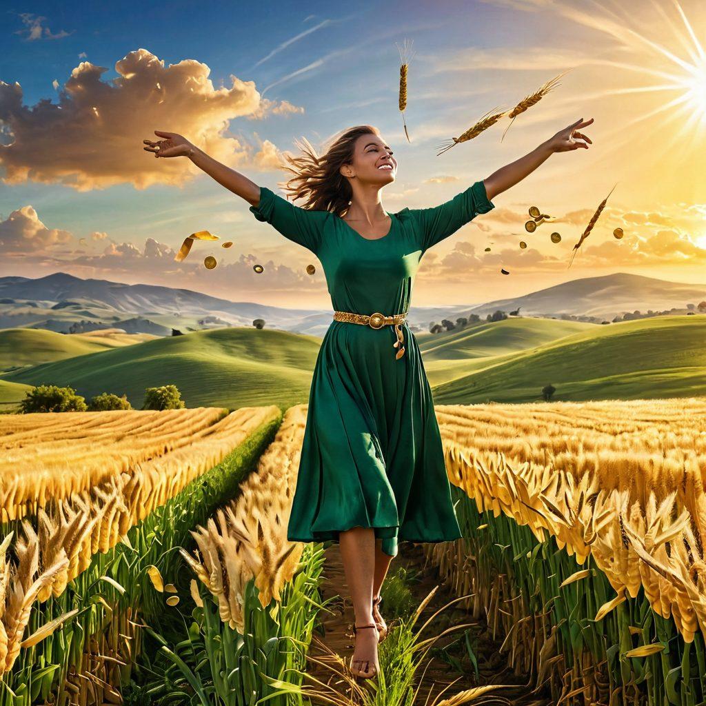 A serene landscape featuring a radiant sun rising over a golden field of wheat, symbolizing abundance and wealth. In the foreground, a joyful person dancing with open arms, surrounded by floating icons of banking and finance, such as coins and currency symbols. A subtle path leads toward a horizon filled with green hills, embodying financial freedom. soft-focus background. vibrant colors. super-realistic.