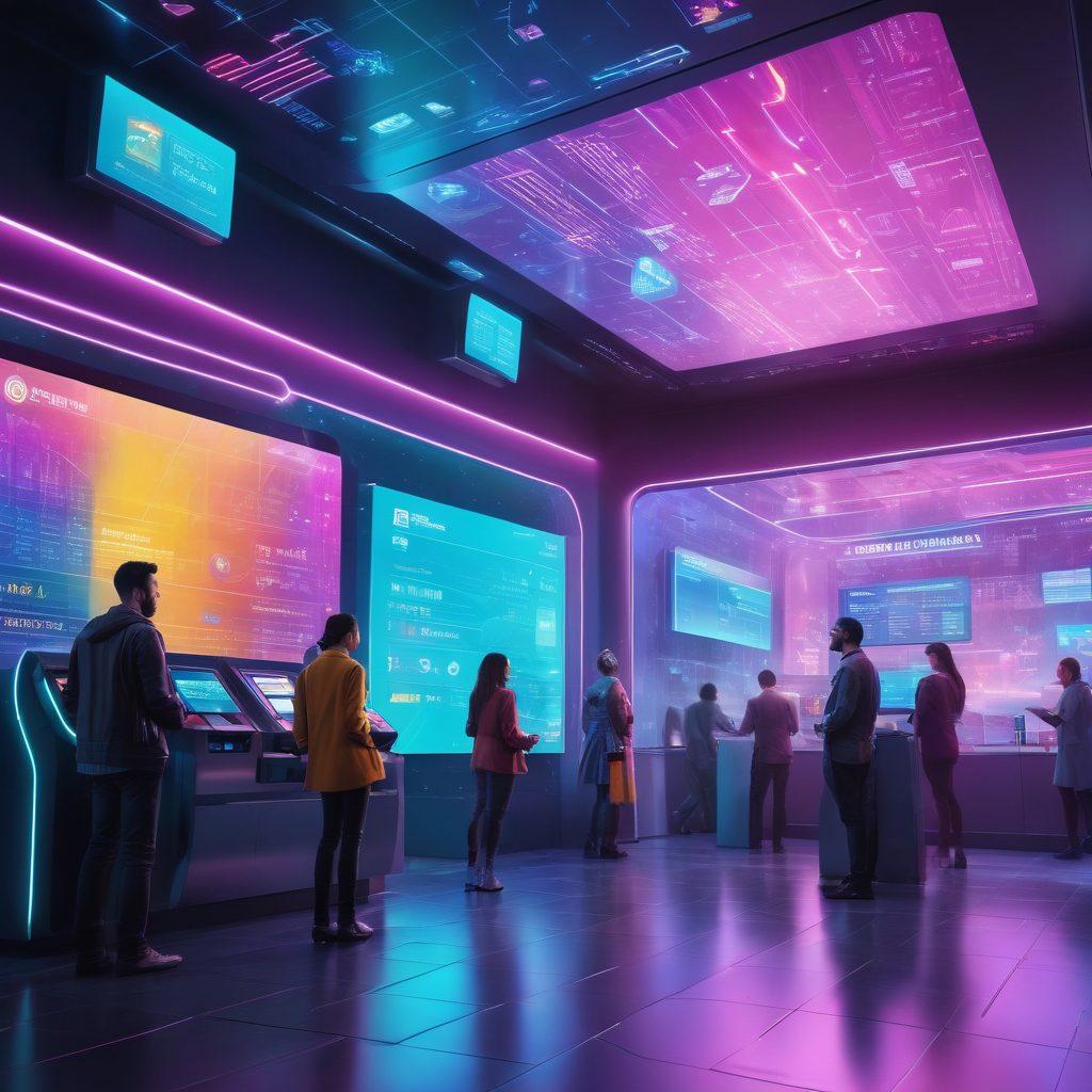 A futuristic bank interior with vibrant digital interfaces displaying financial data, surrounded by ecstatic customers engaging with interactive kiosks. Bright colors and a sense of positivity emanate from the space, symbolizing financial empowerment. Include elements like holographic money flowing in the air and smiling faces. super-realistic. vibrant colors. cyberpunk aesthetic.