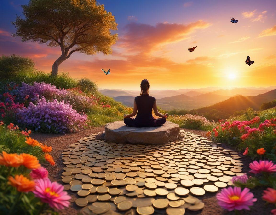 A serene landscape illustrating the joy of financial freedom, with a peaceful person meditating on a pile of coins surrounded by blooming flowers and butterflies. In the background, a vibrant sunset symbolizes prosperity and success, while a winding path leads toward a future full of opportunities. The atmosphere is calm and uplifting, emphasizing harmony in wealth management. super-realistic. vibrant colors. 3D.